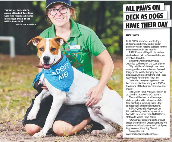  ?? Picture: ZAK SIMMONDS ?? TAKING A LEAD: RSPCA animal attendant Zoe Biggs with nine- month- old staffie cross Hugo ahead of the Million Paws Walk.