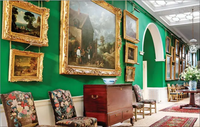  ??  ?? AMONG THE MASTERS: The emerald-hued walls of the Picture Gallery in Dumfries House – home to the charity of Prince Charles, top left – where the alleged forgeries hung, until they were removed