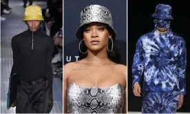  ??  ?? The bucket stops here ... Prada (left), Craig Green (right) and Rihanna, patron saint of the modern bucket hat. Composite: Getty/Rex