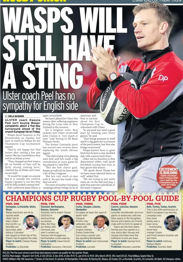  ??  ?? EXCITEMENT IS BUILDING Ulster assistant coach Dwayne Peel can’t wait for the Champions Cup to start on Friday night