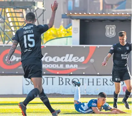  ?? SNS. ?? Above: Jordan Jones goes down for Kilmarnock’s first penalty kick; below: Eamonn Brophy puts Killie ahead from the spot; right: Adil Nabi celebrates after giving Dundee an early lead.