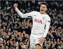  ?? Picture: REUTERS ?? DOUBLE DELIGHT: Tottenham Hotspur’s Dele Alli celebrates scoring his second goal against Real Madrid during their Champions League match at the Wembley Stadium in London