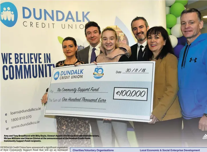  ??  ?? Amy and Tony Broadhurst with Billy Doyle, Stewart Agnew and Dundalk Credit Union Directors, Miriam Williams and Sharon Clinton at the announceme­nt of the Dundalk Credit Union Community Support Fund recipients.