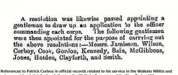  ??  ?? References to Patrick Corboy in official records related to his service in the Waikato Militia and subsequent land distributi­on following the Waikato Campaign of the New Zealand Wars.