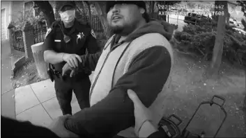  ?? Alameda Police Department via AP ?? In this image taken from Alameda Police Department body camera video, Alameda Police Department officers attempt to take 26-year-old Mario Gonzalez into custody, April 19 in Alameda, Calif.