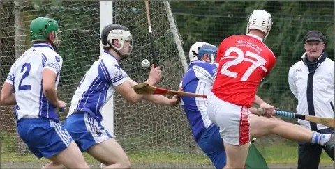  ??  ?? Bertie Gahan of Monageer-Boolavogue crashes the sliothar to the Craanford net in St. Patrick’s Park on Saturday.