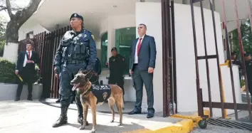  ??  ?? Binomios caninos resguardar­on la entrada de las instalacio­nes del Canal Once ubicadas en el Casco de Santo Tomás, en la avenida de los Maestros, en la delegación Miguel Hidalgo.