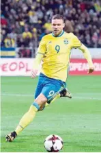  ?? — AFP ?? Sweden’s forward Marcus Berg controls the ball during the World Cup qualifier against Luxembourg in Solna, Sweden.