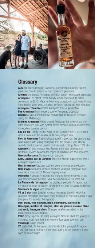  ??  ?? Clockwise from top left: Pepita and Pepito Sampietro of La Bonne Auberge; Café Tortore in La Bastide d'Armagnac; Earl Jean-Louis and Claire de Montesquie­u from Domaine d'Espérance; vintage Castarède Armagnac; Audrey and Benoît Bourusst, who breed black...