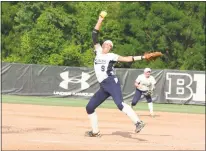  ??  ?? La Plata’s Alyssa Bilodeau delivers a pitch during the Class 2A state final against Catoctin, a 9-1 win Friday at the University of Maryland’s Robert E. Taylor Stadium in College Park. The right-hander retired 20 of 26 batters she faced, including the...