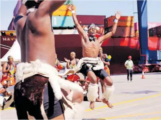  ?? | REUTERS ?? DANCERS perform at the launch of South Africa’s first shipment of Proudly South Africa products to Ghana, Rwanda, Tunisia and Egypt at the Port of Durban this week. The launch was done within the framework of the African Continenta­l Free Trade Area agreement.