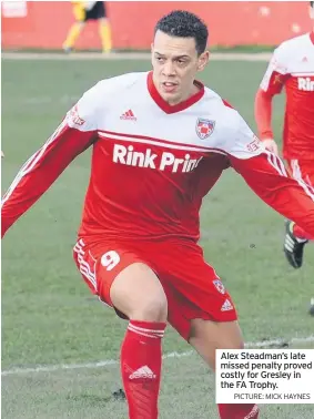  ?? PICTURE: MICK HAYNES ?? Alex Steadman’s late missed penalty proved costly for Gresley in the FA Trophy.