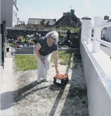  ??  ?? Meg Hartford places flowers on the communal grave in Plogoff.