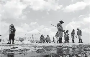  ?? By Dave Martin, AP ?? Tourism hit: Cleanup workers hired by BP pick up oil on the beach in Gulf Shores, Ala., in July 2010.