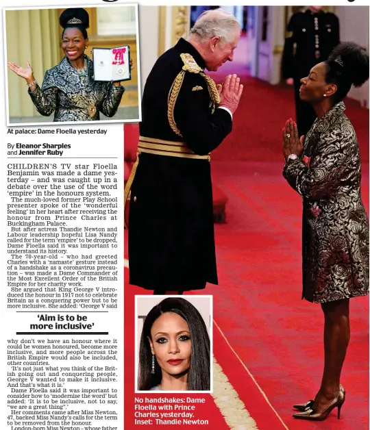  ??  ?? At palace: Dame Floella yesterday
No handshakes: Dame Floella with Prince Charles yesterday. Inset: Thandie Newton