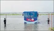  ??  ?? The amphibious bus ferrying tourists at Harike lake in Tarn Taran on Wednesday. HT PHOTO