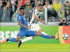  ?? Picture: REUTERS ?? AT A STRETCH: Bologna’s Ibrahima Mbaye, left, tries to close down Juventus’ Douglas Costa. Juventus won 3-1. Costa was the hero of Juventus’ victory