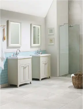  ?? ?? NEAT AND TIDY STOP FAMILY BATHROOMS LOOKING CLUTTERED WITH LOTS OF STORAGE OPTIONS, SUCH AS VANITY UNITS, TALLBOYS AND WICKER BASKETS.
Cobbleston­e vanity units; mirrors, all Marlboroug­h range, Laura Ashley