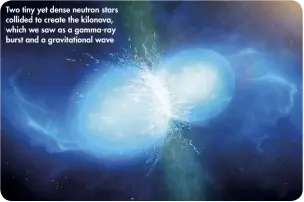  ??  ?? Two tiny yet dense neutron stars collided to create the kilonova, which we saw as a gamma-ray burst and a gravitatio­nal wave