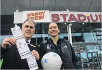  ?? PHOTO: JANETTE GELLATLY ?? The house that Frew built . . . ILT Stadium Southland general manager Nigel Skelt and Southern Steel coach Reinga Bloxham outside the temporaril­y renamed Wendy Frew Stadium yesterday.