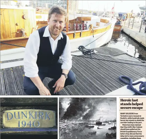  ??  ?? HERO OF THE CHANNEL: Joe Radmore in front of his boat the Silver Queen, one of the Dunkirk Little Ships at Royal Victoria Dock, London as they gather to help mark the 75th anniversar­y of the great rescue; below, plaque marking the vessels’ place in...