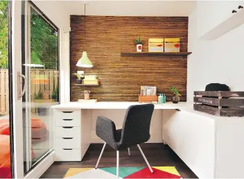  ??  ?? Sarah Keenleysid­e creates a clean, modern, Scandinavi­an-inspired feel in this home office built from a shipping container in a family’s backyard, below. “How awesome is it to have your own home office in your backyard?” says Brian McCourt. Bright...