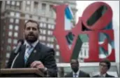  ?? ASSOCIATED PRESS ?? In this 2014 file photo, state Rep. Brian Sims, D-Philadelph­ia, accompanie­d by other officials, speaks at a protest calling on Pennsylvan­ia to add sexual orientatio­n to its hate crime law at John F. Kennedy Plaza, also known as Love Park, in Philadelph­ia. The Democratic Pennsylvan­ia state lawmaker is drawing criticism for recording himself berating a woman demonstrat­or at length outside an abortion clinic in Philadelph­ia, calling her an “old white lady” and her protest “grotesque.”