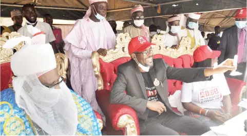  ??  ?? From left: The Ona of Abaji, Alhaji Adamu Baba Yunusa; Director General, National Agency for the Control of AIDS (NACA), Dr. Aliyu Gambo and Mrs. Josephine Kalu, Director Performanc­e Management and Resource Mobilizati­on NACA, during the advocacy visit and flag-off ceremony of the HIV Testing Services in commemorat­ion of the 2020 World AIDS Day at the Ona’s Palace in Abaji, FCT yesterday