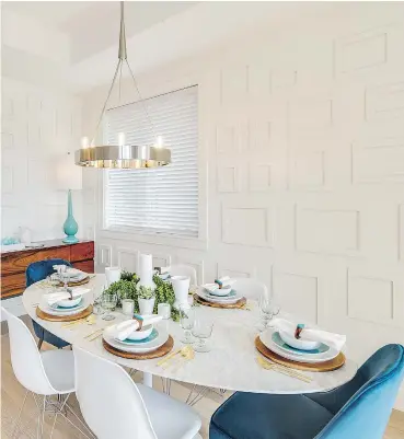  ??  ?? Left: Woven leather-stripped seats and a small cabinet add warmth to the kitchen. At right, an oval marble table is among designer Jas Rai’s favourite pieces.