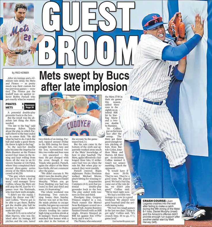  ??  ?? CRASH COURSE: Juan Lagares crashes into the wall after failing to make a catch during the fifth inning of the Mets’ 8-1 loss. Daniel Murphy (inset) and the Amazin’s offense didn’t provide enough run support after another stellar start by Matt Harvey...