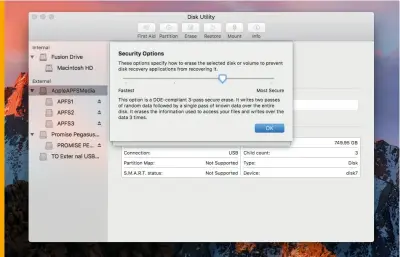  ??  ?? When wiping storage, setting the security options determines how carefully the disk’s contents are overwritte­n. More security takes longer.