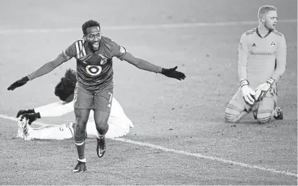  ?? Jeff Wheeler, Star Tribune ?? Minnesota United midfielder Kevin Molino celebrates his second goal after beating Colorado Rapids goalkeeper William Yarbrough, right, during a first- round playoff match Sunday in St. Paul, Minn.