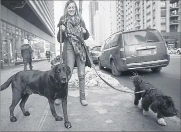  ?? MARY ALTAFFER — ASSOCIATED PRESS ?? Tanya Lim, owner of a dog-walking and cat-sitting service, walks Cannon, left, and Gigi, on New York’s Upper West Side. When the temperatur­e plunged, so did revenue for Lim as many clients decided to work from home because of the cold.