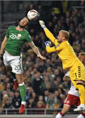  ??  ?? Shane Duffy heading the Republic of Ireland in front against Denmark.