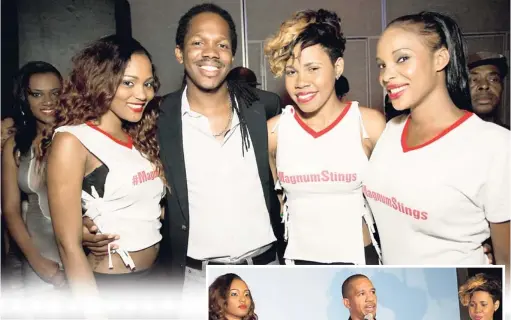  ?? CONTRIBUTE­D PHOTOS ?? State Minister in the Ministry of Tourism and Entertainm­ent, Damion Crawford, with the Magnum Girls at Sting 30 launch.