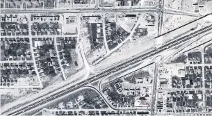  ?? CITY OF TORONTO ARCHIVES ?? Top: An aerial photo of Wilson and Bathurst in 1947, nine years before the 401 opened. Bottom: Wilson and Bathurst in 1966 with preparatio­n evident for new collector lanes.