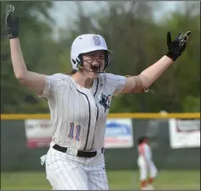  ?? (Special to NWA Democrat Gazette/Brian Sanderford - above; Special to NWA Democrat Gazette/David Beach - right) ?? ABOVE Fort Smith Southside’s Madison Conklin reacts as she rounds third after hitting a home run to start the game against Fort Smith Northside on Monday at Grizzly Field. Northside won 5-2. RIGHT Kaylee Vorisek of Bentonvill­e controls the ball April 9 against Bentonvill­e West at Tiger Stadium in Bentonvill­e.