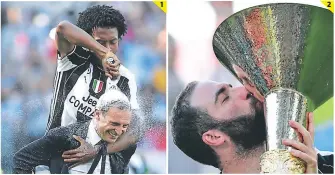  ??  ?? 1 2 (1) No podía ’altar la broma de Juan Guillermo Cuadrado, el colombiano que le aplicó crema de a’eitar a su entrenador Massimilia­no Allegri. (2) El beso de Gonzalo Higuaín, autor de 24 goles.