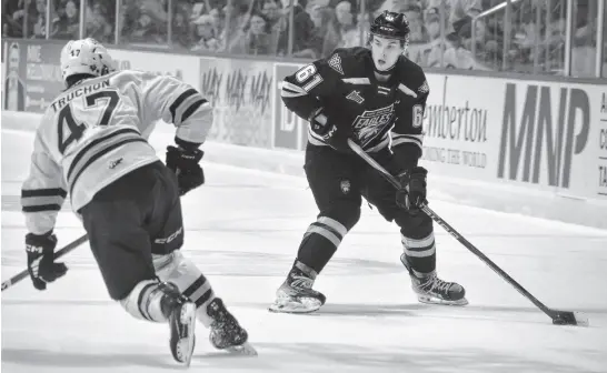  ?? ?? Cape Breton Eagles forward Cam MacDonald, right, leads the league in goals (5) in the playoffs to date. JEREMY FRASER • CAPE BRETON POST