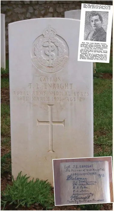  ??  ?? MAIN PHOTO: Thomas Louis Enright’s grave, Salonika Military Cemetery (Photo: T. Adams)
INSET ABOVE: 1. Thomas Louis Enright, Irish Independen­t, March 29 1918.
INSET BELOW: Cigarette box made by Austrian prisoner, Cairo, 1918 for Listowel’s Capt...