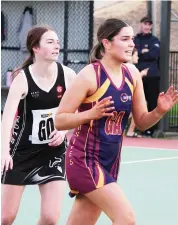  ??  ?? Warragul Industrial­s goal attack Abbey Commadeur calls for the ball in front of Dalyston opponent Gracie Dempsey during a 46-29 win in B grade.