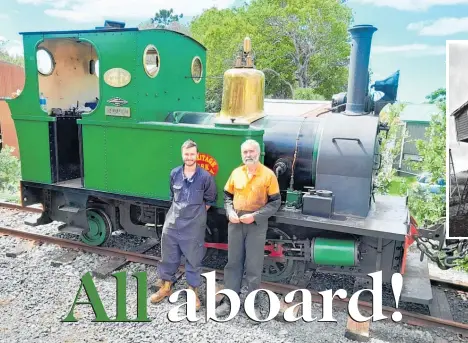  ?? ?? Clockwise from main: Father and son, Neil and Mitchel Woods, with the 1955 Peckett and Sons locomotive; Kauri Station being moved from Kauri to Maunu; visitors ride the jigger, with the 1924 Lisbon Tram in the background; the main platform consisting of Hikurangi and Kauri Stations today; Hikurangi Station before being moved to Maunu.