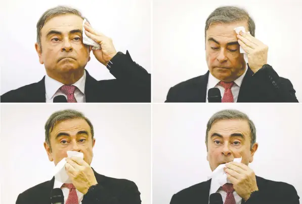  ?? — MOHAMED AZAKIR/REUTERS ?? A set of photos shows Nissan chairman Carlos Ghosn at a news conference at the Lebanese Press Syndicate in Beirut.