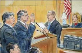  ??  ?? This courtroom sketch depicts former Donald Trump campaign chairman Paul Manafort, center, and his defense lawyer Richard Westling, left, before U.S. District Judge Amy Berman Jackson, seated upper right, at federal court in Washington, Friday, as prosecutor­s Andrew Weissmann, bottom center, and Greg Andres watch. DANA VERKOUTERE­N VIA AP