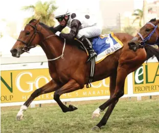  ??  ?? THIRD FAVOURITE: Lady In Black, pictured winning the Thekwini Stakes last season, is third favourite for the World Sports Betting Cape Fillies Guineas at Kenilworth this Saturday.