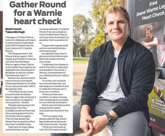  ?? Picture: Morgan Sette ?? Jackson Warne at Adelaide Oval to announce free heart health screenings at AFL Gather Round venues.