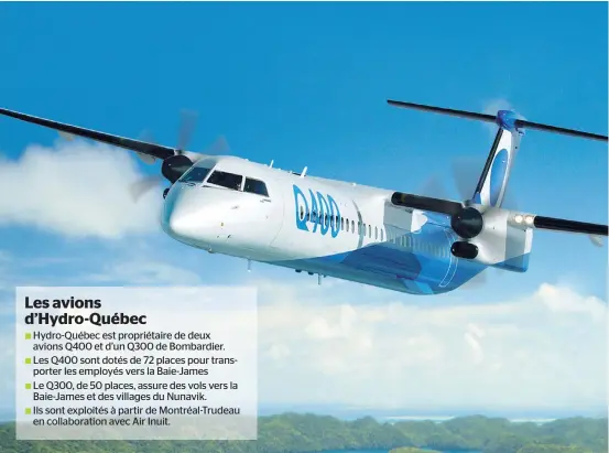  ?? PHOTO COURTOISIE ?? Hydro-québec est propriétai­re de deux avions Q400 de Bombardier, un appareil de 72 places, et d’un Q300, doté de 50 places, du même avionneur. Sur la photo, à des fins illustrati­ves seulement, un appareil Q400 tel qu’il apparaît sur le site de...