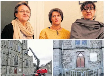  ??  ?? Anne Delfraissy, Carine Mahieu et Nathalie Panassié espèrent rouvrir l’église Saint-Jacques, pour les fêtes de fin d’année. Des technicien­s, avec notamment une nacelle, assurent la sécurité du lieu de culte pour rouvrir pour les fêtes de fin d’année.