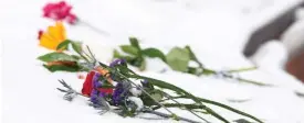  ?? DAVID ZALUBOWSKI/AP ?? Flowers are placed last Saturday in the snow covering the plaques at the monument to the victims of Columbine High School 25 years ago in Littleton, Colo.