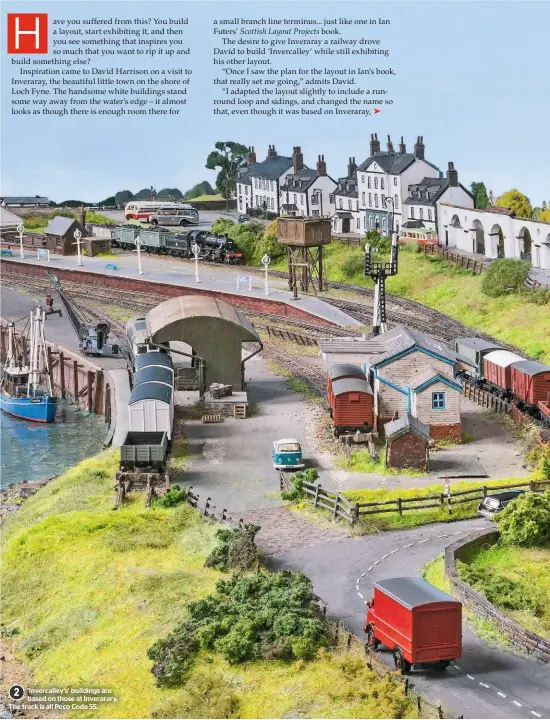 ??  ?? ‘Invercalle­y’s’ buildings are based on those at Inverarary. The track is all Peco Code 55.